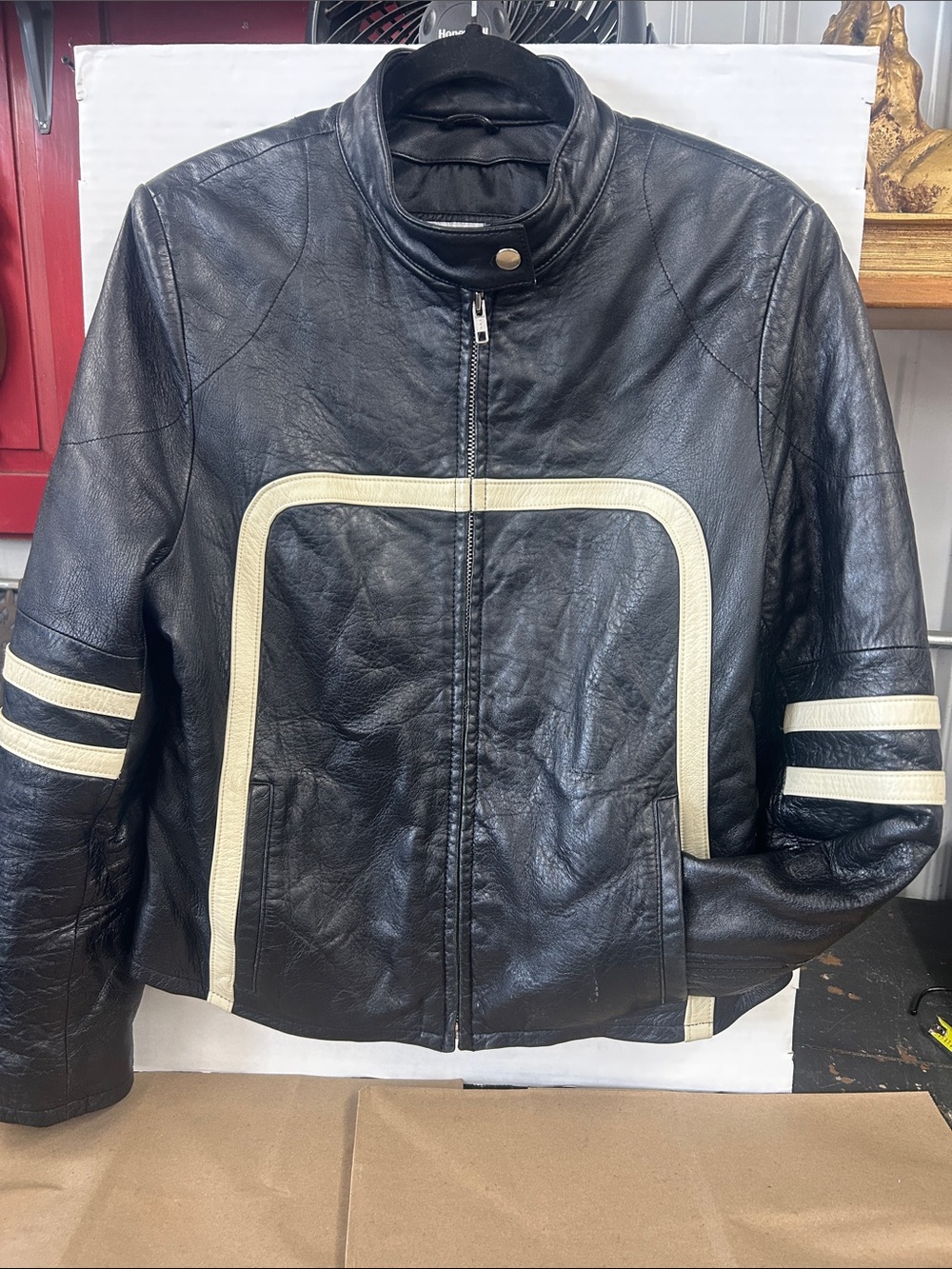 Ladies Black Leather Jacket with Cream Racing Stripes - Motorcycle Jacket !